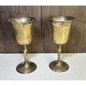 Vintage Leonard EPNS Gold Silverplate Wine Goblet Glasses Stemmed Set of 2